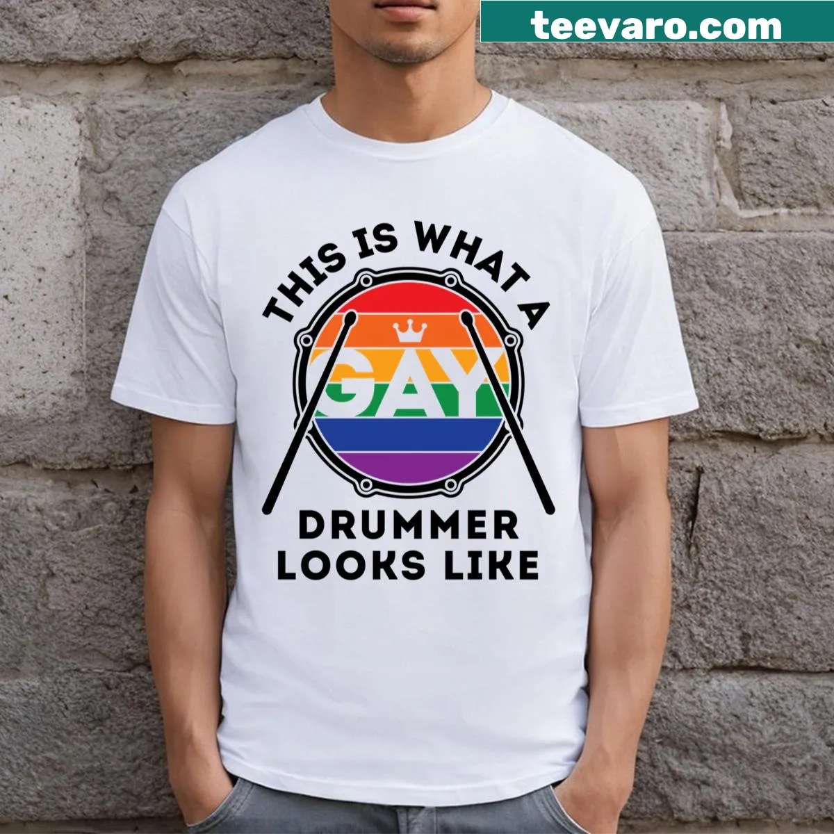 LGBTQ pride T-shirt with a drummer theme — on a men's t-shirt