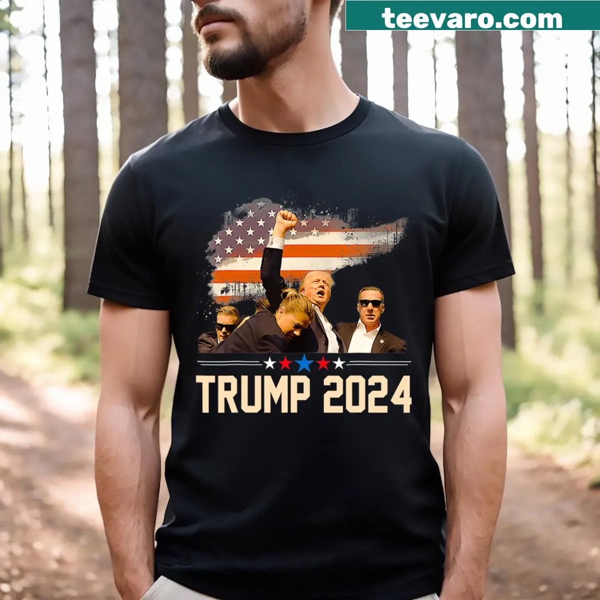 Bold graphic Trump 2024 election t-shirt — on a men's t-shirt