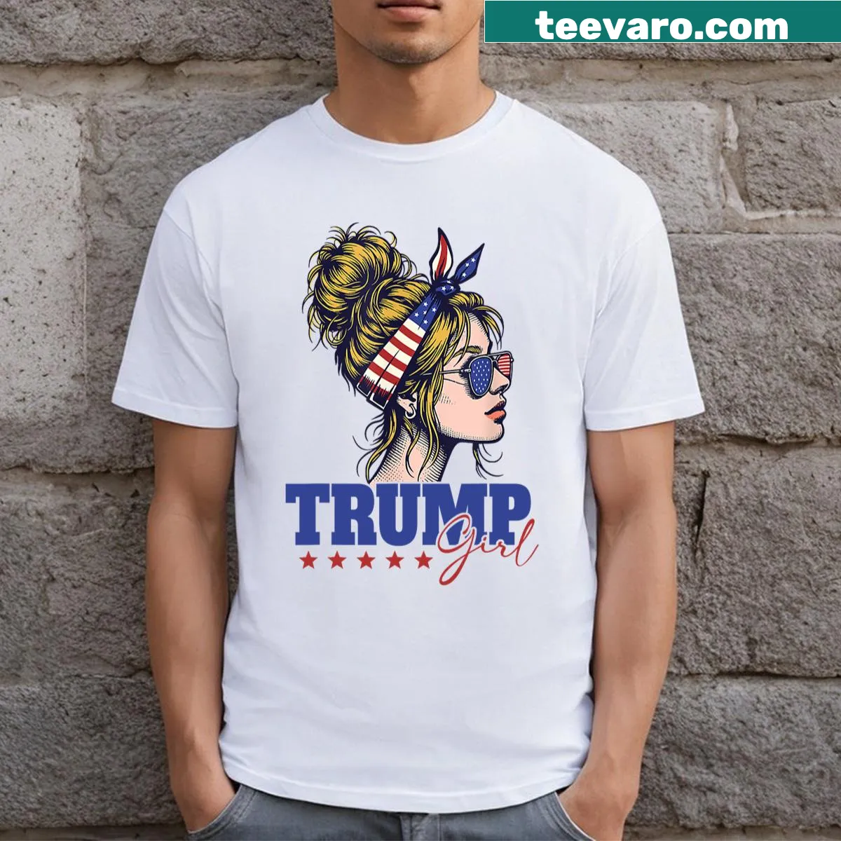 Stylish T-shirt for women featuring 'Trump Girl' text and an American flag design. — on a men's t-shirt