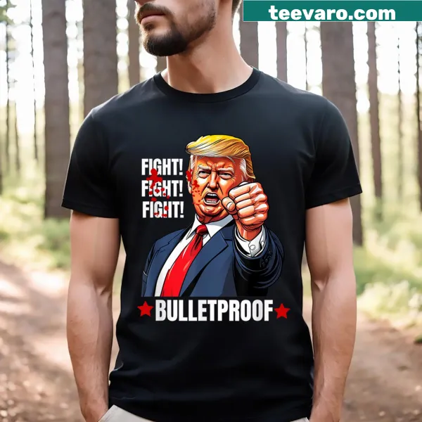 Humorous political illustration on a t-shirt saying Shot Bulletproof