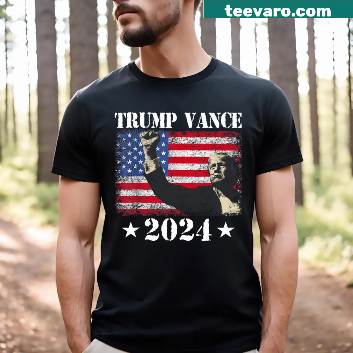 Illustrative T-shirt featuring a fist and American flag design — on a men's t-shirt