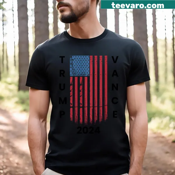 Vintage-style MAGA T-shirt featuring U.S. flag and J.D. Vance support text