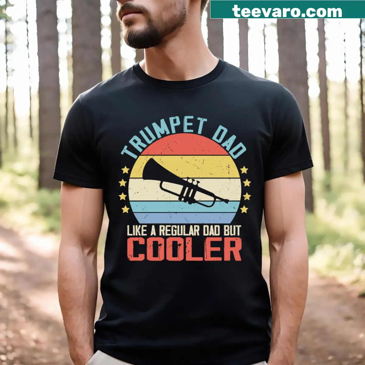 Humorous trumpet dad t-shirt with playful typography — on a men's t-shirt