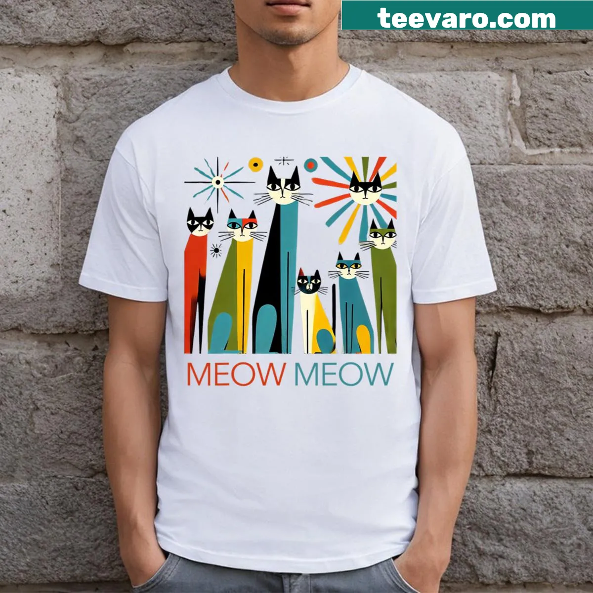 Vintage retro mid-century modern cats t-shirt with playful design — on a men's t-shirt