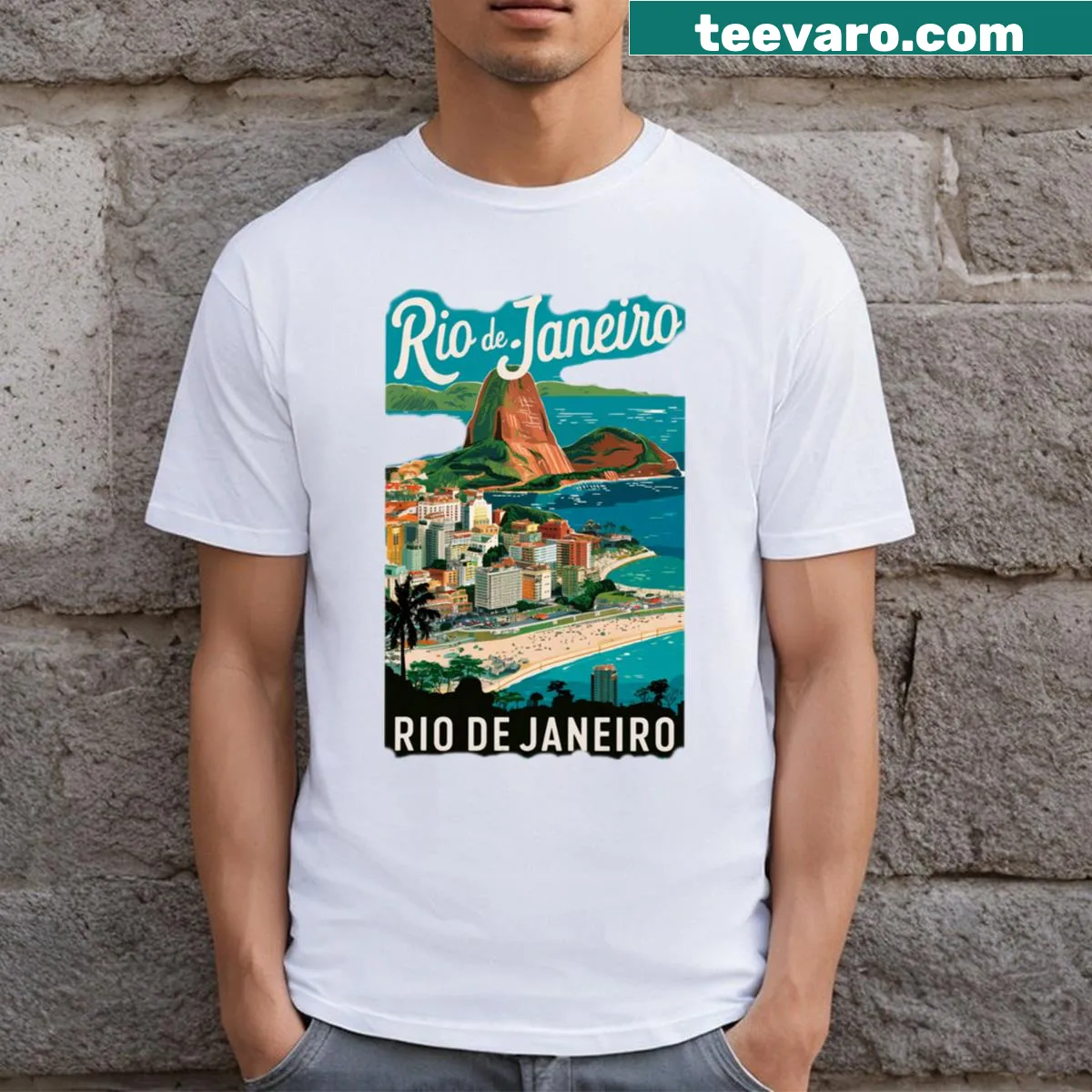 Vintage travel-inspired T-shirt featuring Rio De Janeiro design — on a men's t-shirt