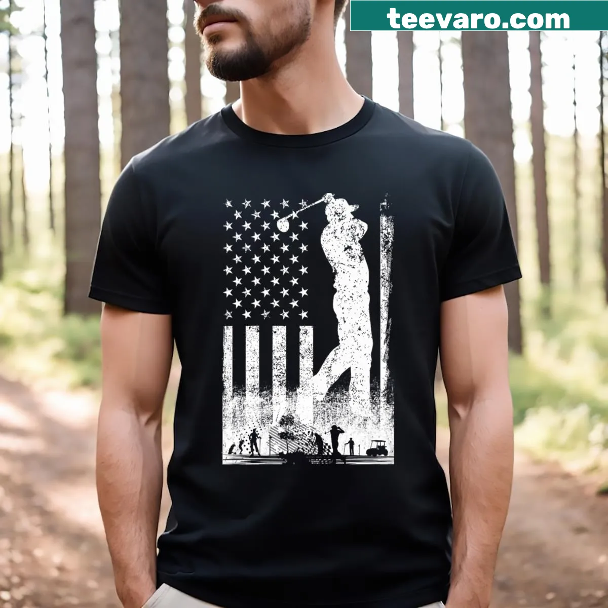 American flag golf club v-neck t-shirt for patriotic golfers — on a men's t-shirt
