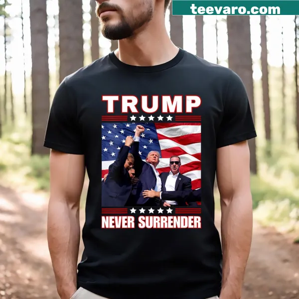 V-neck T-shirt with fist pump graphic and Never Surrender text