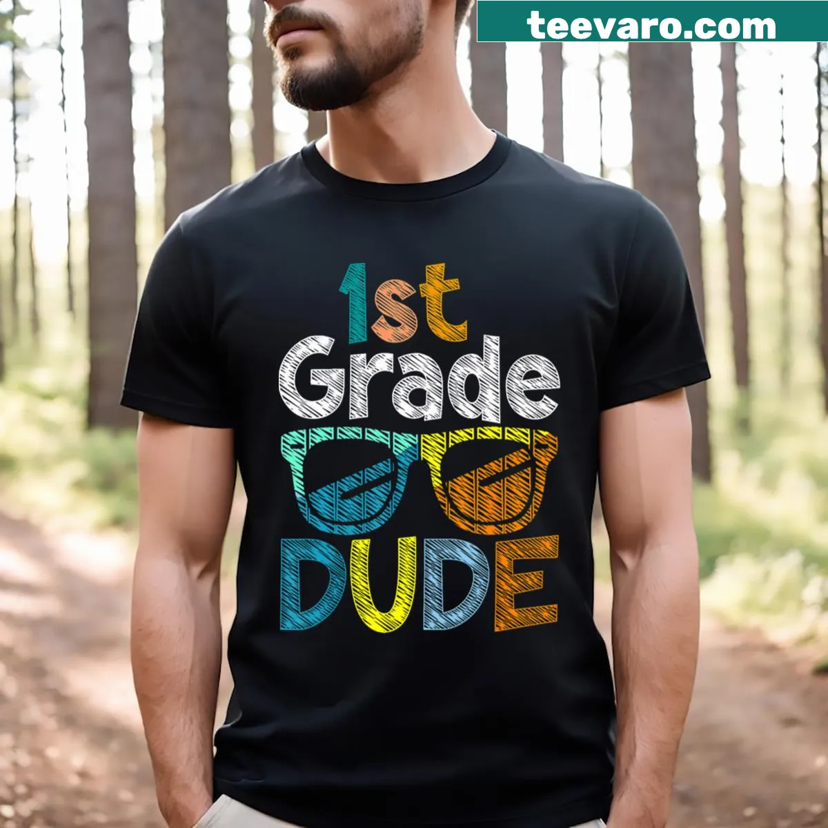 First Grade Dude T-shirt with playful typography — on a men's t-shirt