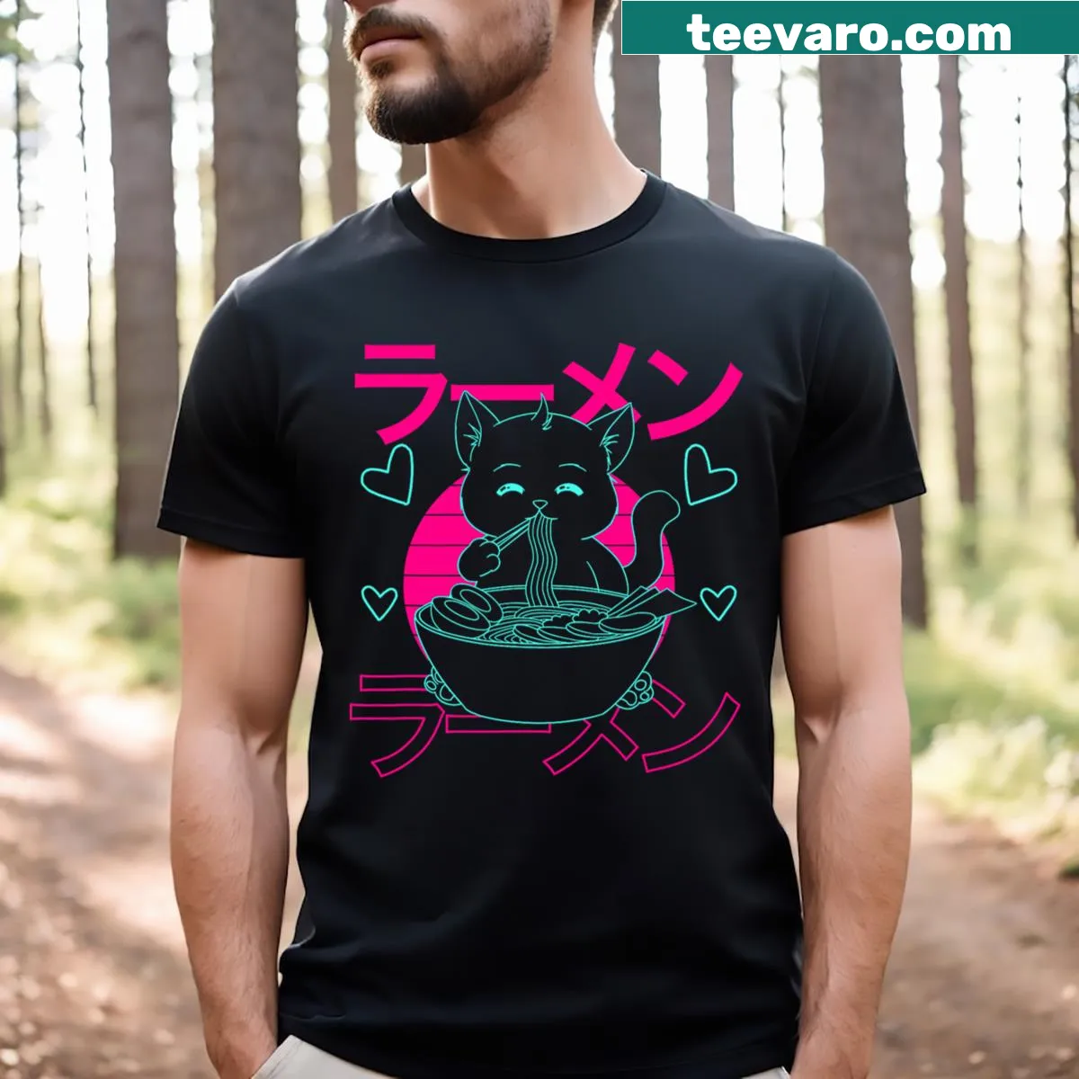 Kawaii cat with ramen in a retro anime style on a t-shirt — on a men's t-shirt