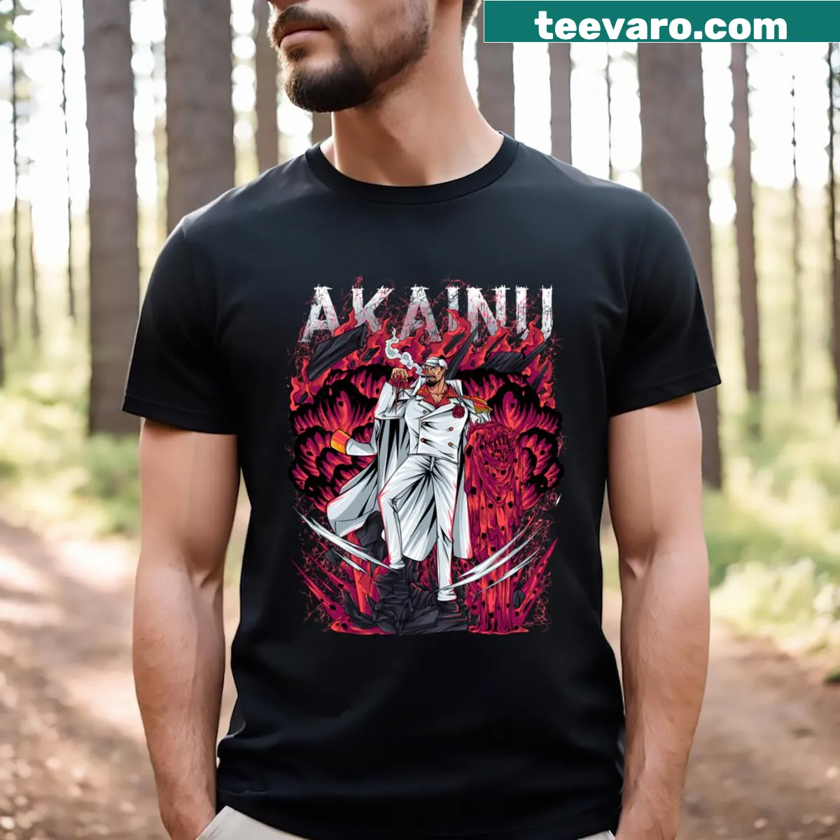 Illustration of Akainu from One Piece, action-packed design on T-shirt — on a men's t-shirt
