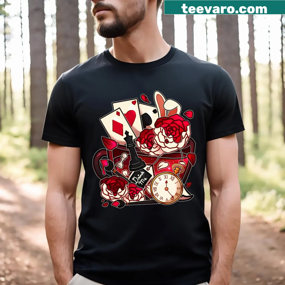 Illustrative design of painted roses and a teacup from Alice In Wonderland — on a men's t-shirt