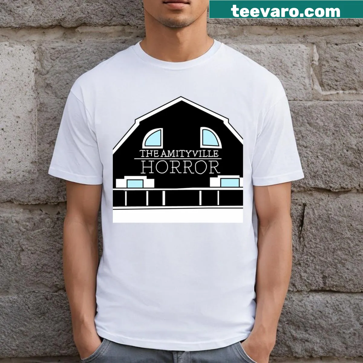 Eerie t-shirt featuring a graphic inspired by Amityville Horror — on a men's t-shirt