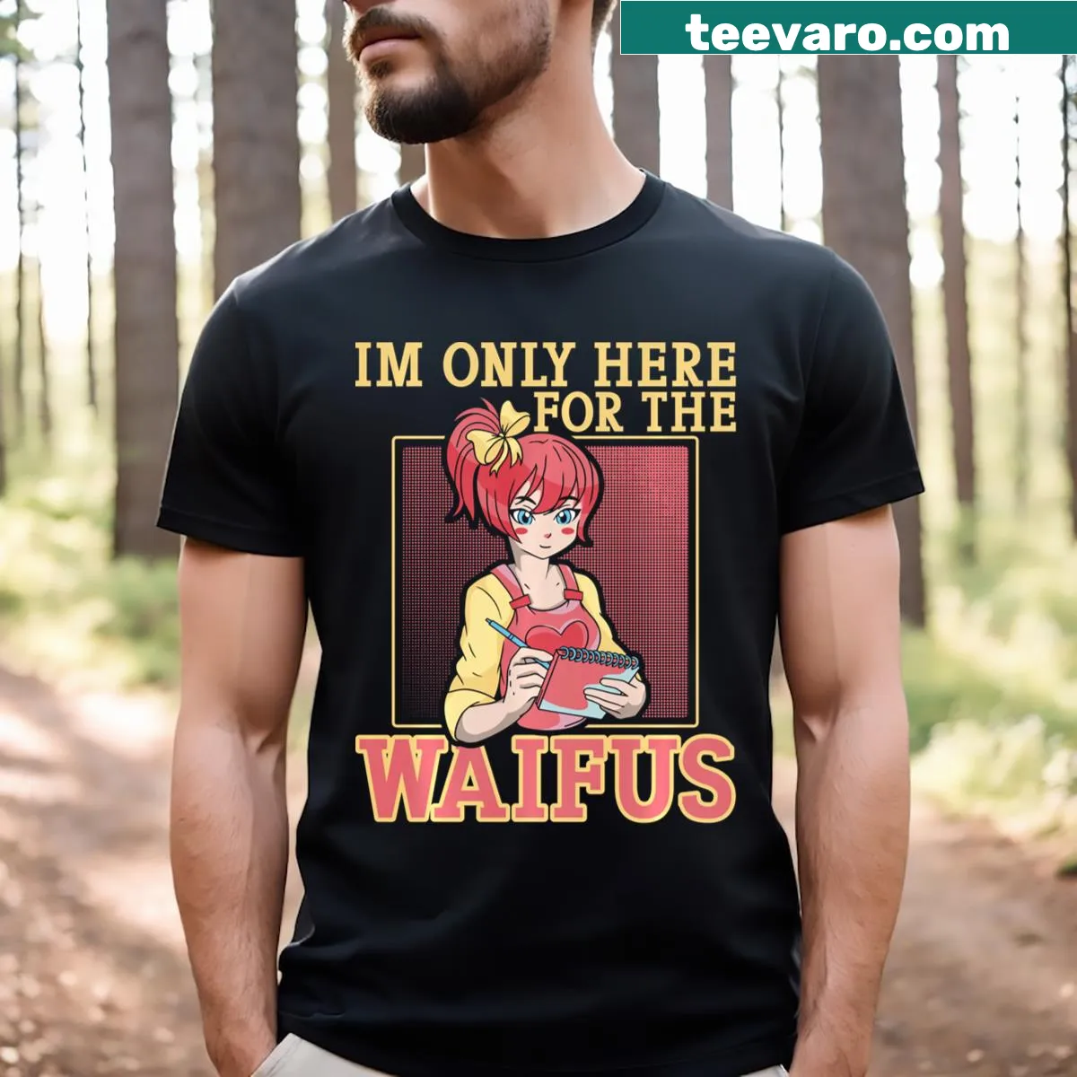 Cartoon waifu graphic T-shirt for anime fans — on a men's t-shirt