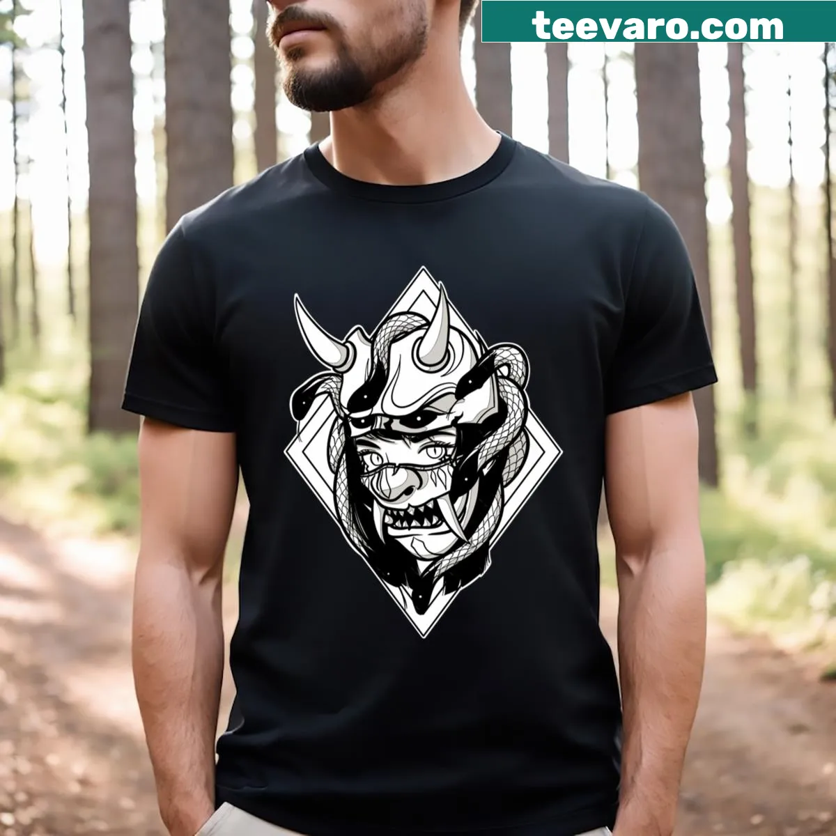 Graphic T-shirt featuring Medusa Oni character in anime style. — on a men's t-shirt