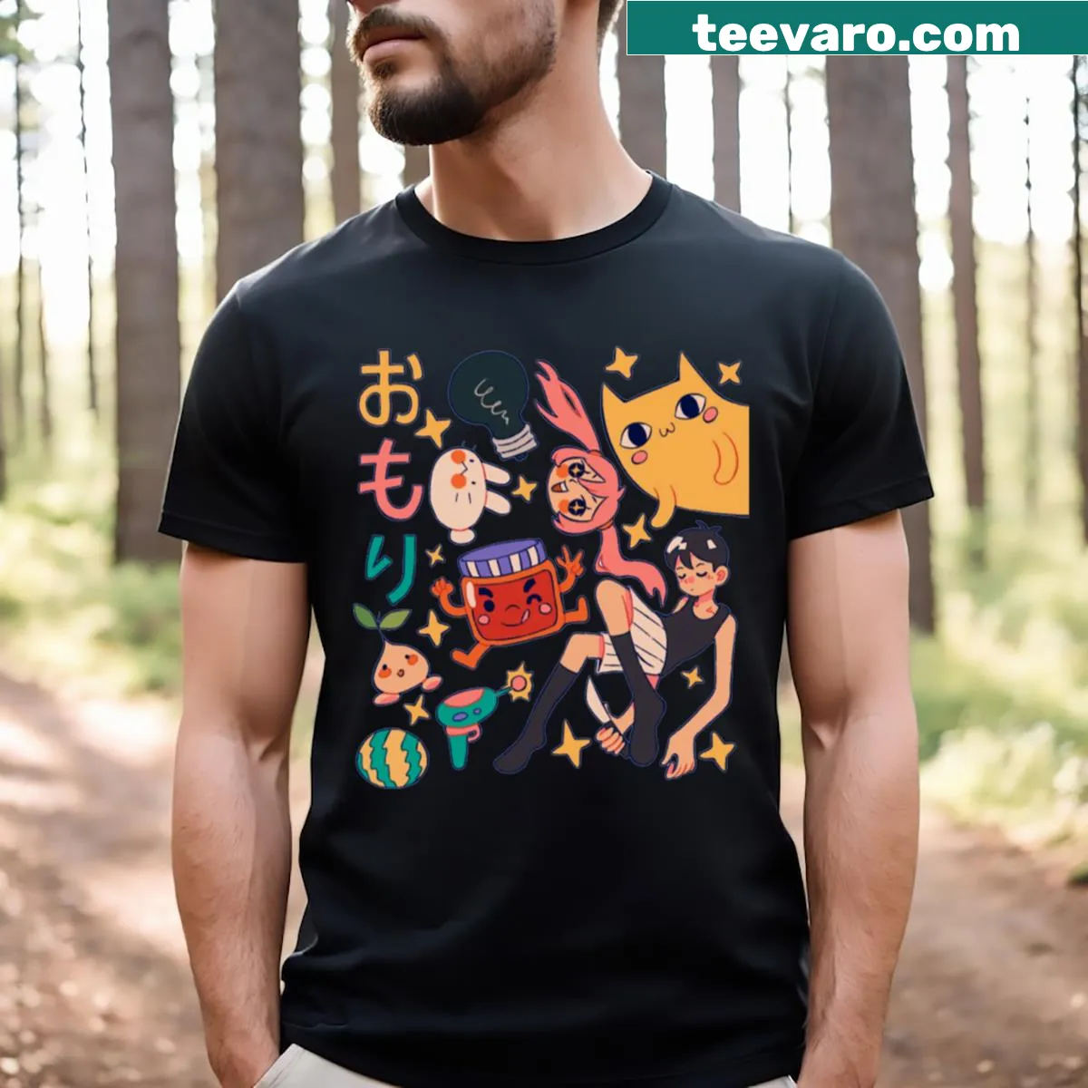 T-shirt featuring characters from the game Omori in a playful design — on a men's t-shirt