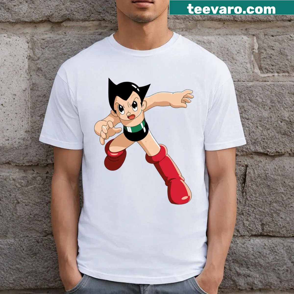 Astro Boy T-shirt featuring a dynamic fighting pose. — on a men's t-shirt