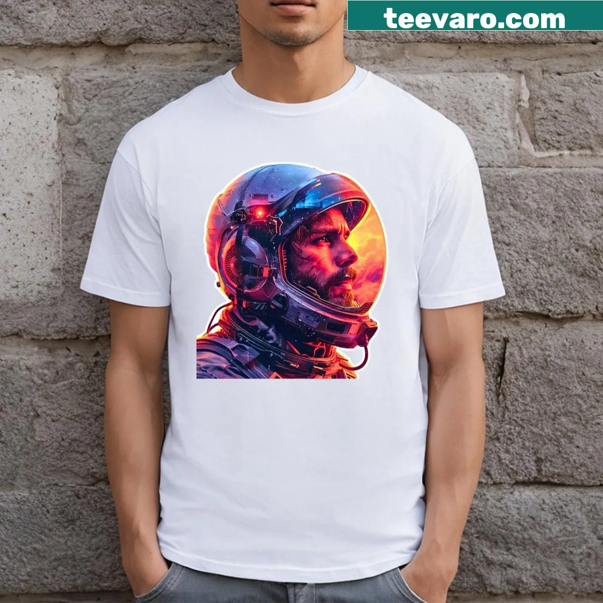 Cartoon astronaut graphic in sticker style on a t-shirt — on a men's t-shirt