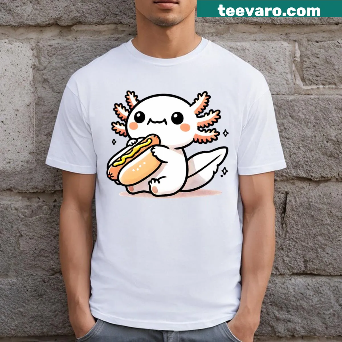 Kawaii axolotl with a hotdog in a cute T-shirt — on a men's t-shirt