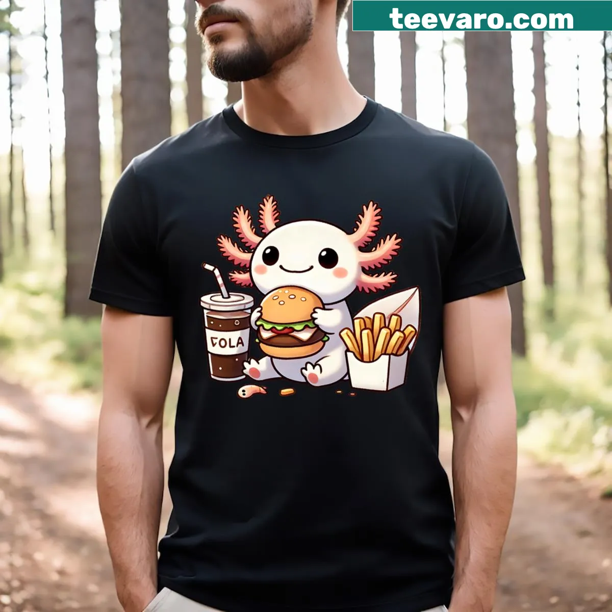 Kawaii axolotl with a burger in a cute T-shirt — on a men's t-shirt