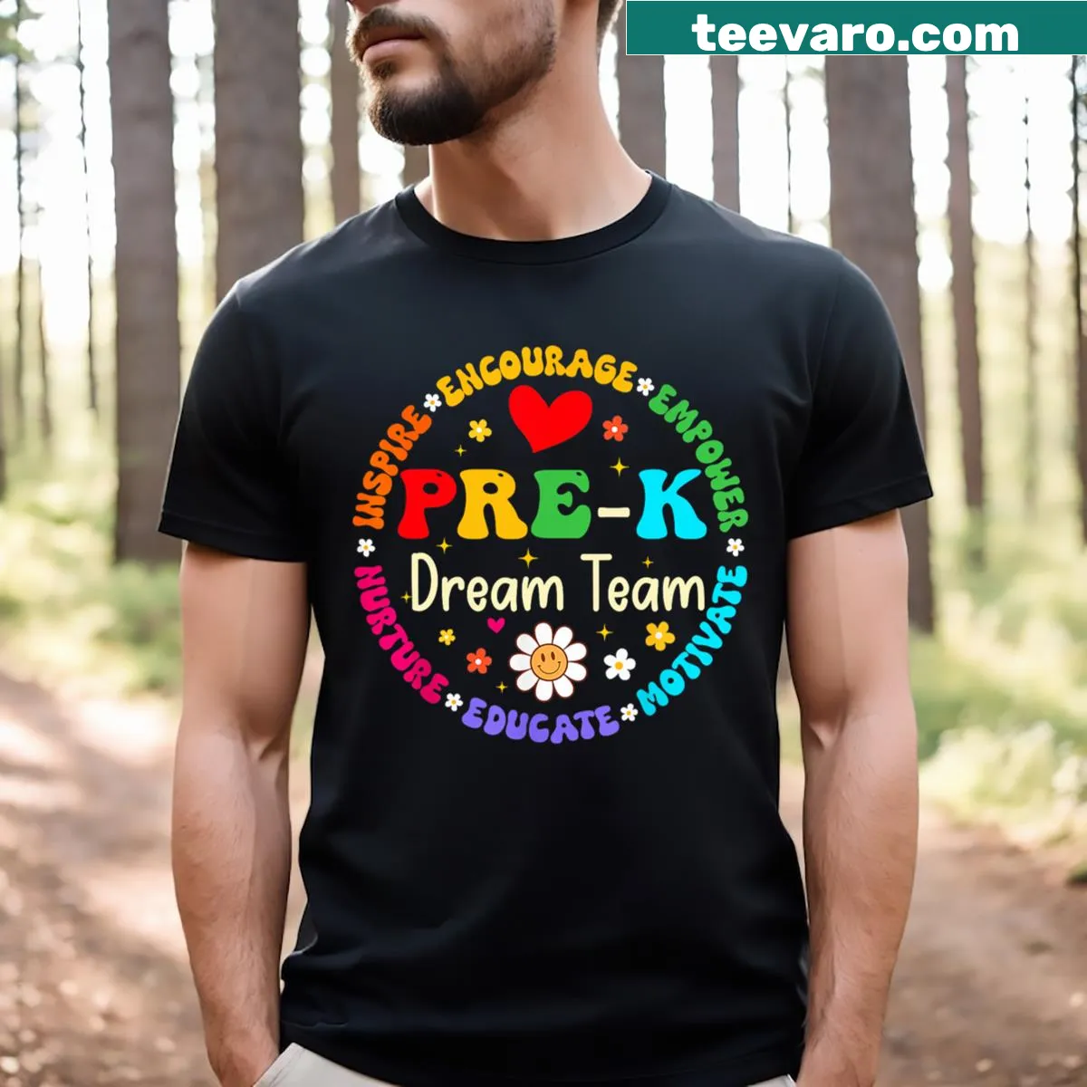 Pre K Teacher T-shirt with 'Dream Team Tour' graphic. — on a men's t-shirt