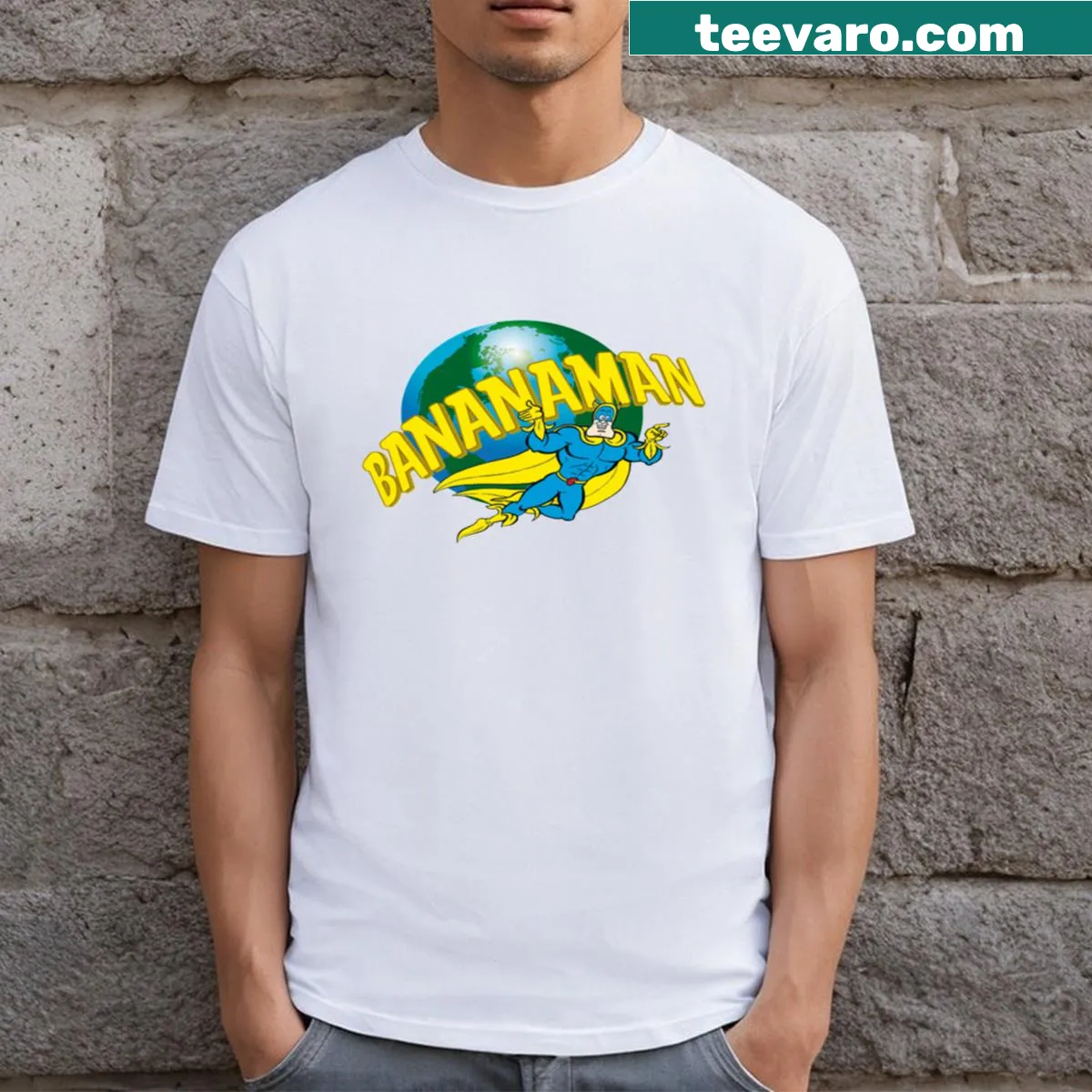 Cartoonish Bananaman graphic on a playful t-shirt — on a men's t-shirt