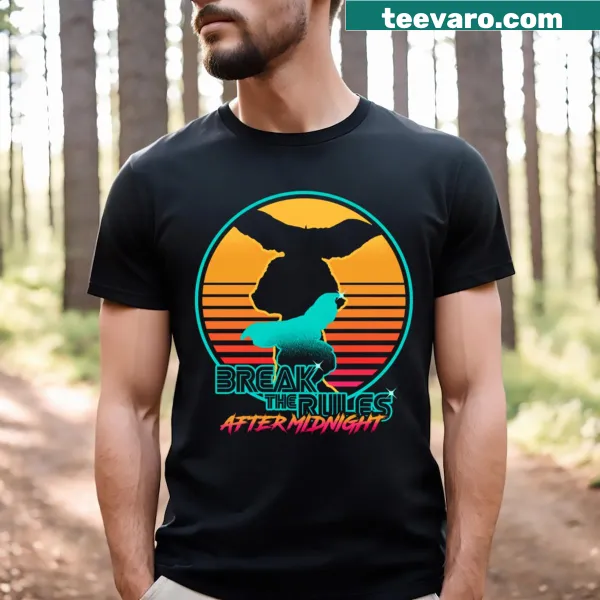 Retro-style T-shirt with 'Break The Rules After Midnight' text