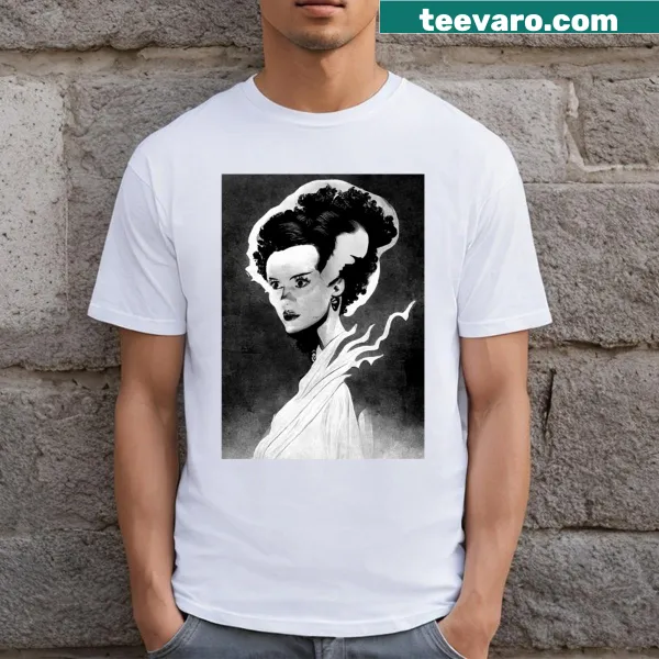 T-shirt featuring an artistic print of the Bride of Frankenstein