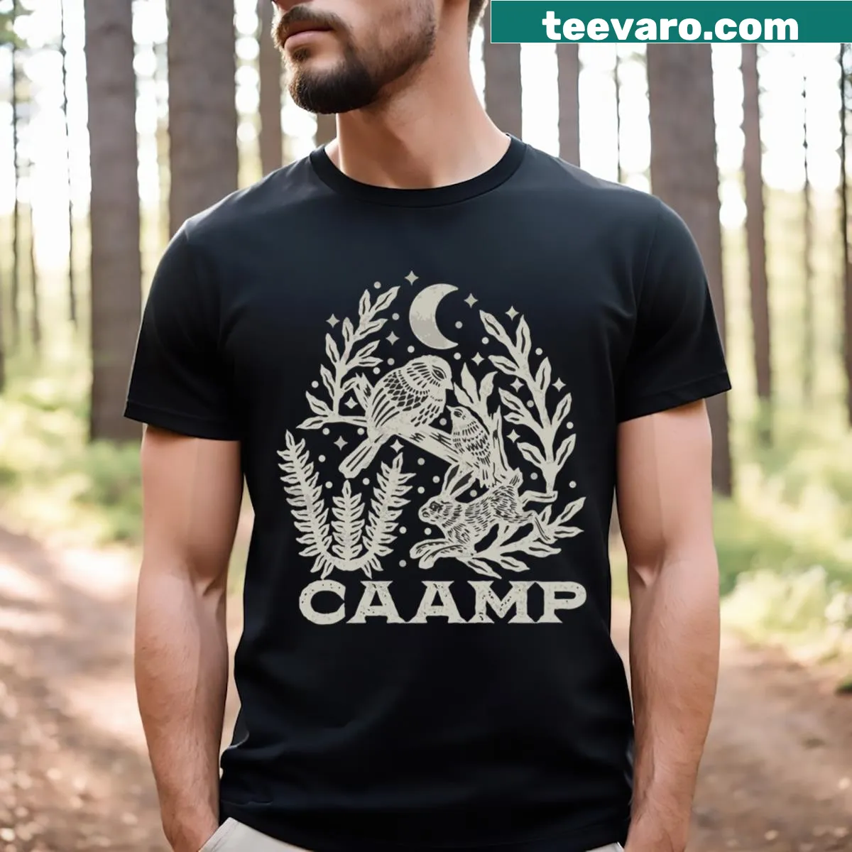 Illustration t-shirt featuring the Caamp band logo — on a men's t-shirt