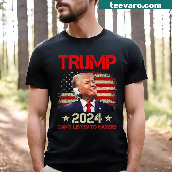 T-shirt featuring the phrase 'Cant Listen To Haters' with an American flag design
