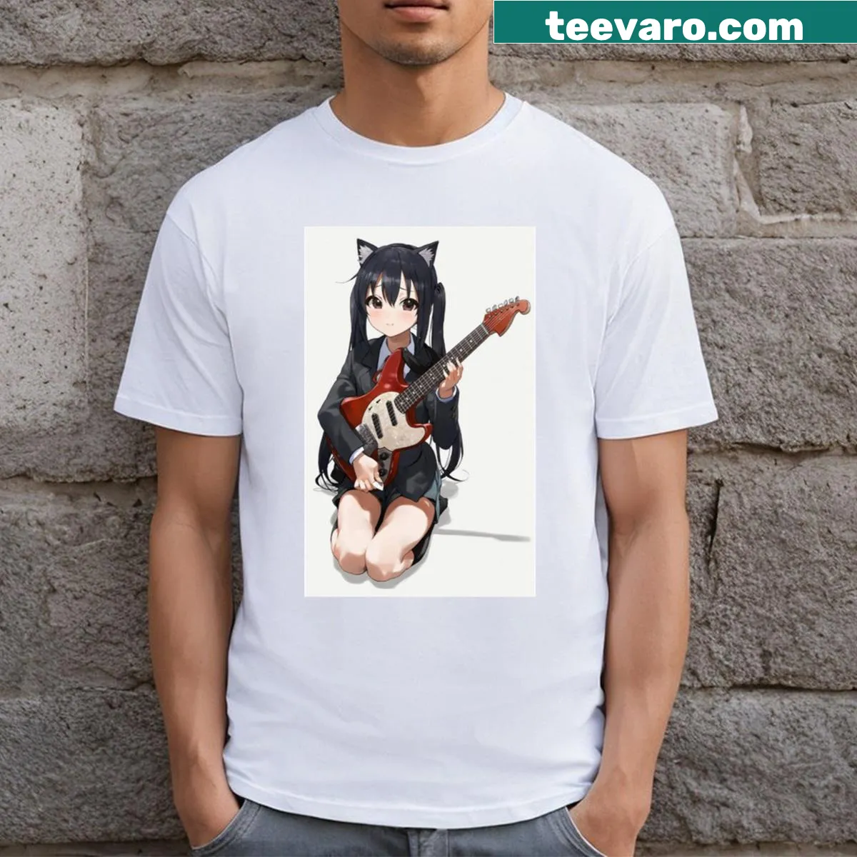 Cute cat Azusa playing guitar cartoon graphic on T-shirt — on a men's t-shirt