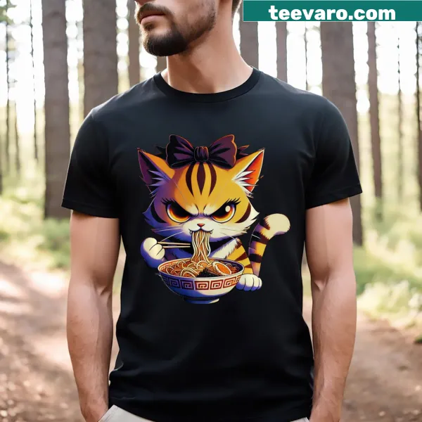 Cute Kawaii T-shirt featuring a cat enjoying ramen noodles