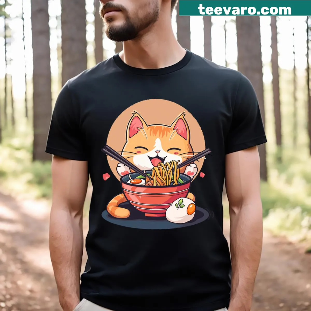 Cute graphic T-shirt featuring a cat with ramen noodles — on a men's t-shirt