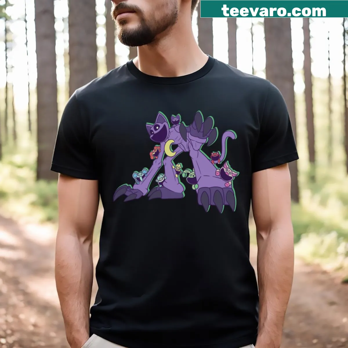 Adorable illustration of smiling critters around a catnap theme — on a men's t-shirt