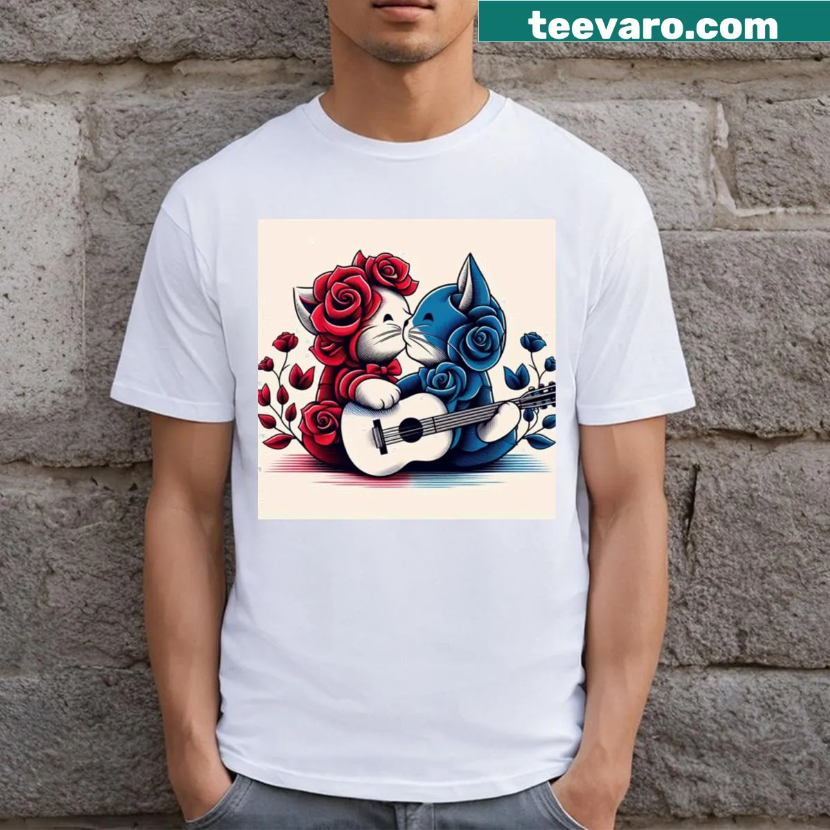 Illustrated t-shirt featuring a guitarist with kittens and roses. — on a men's t-shirt