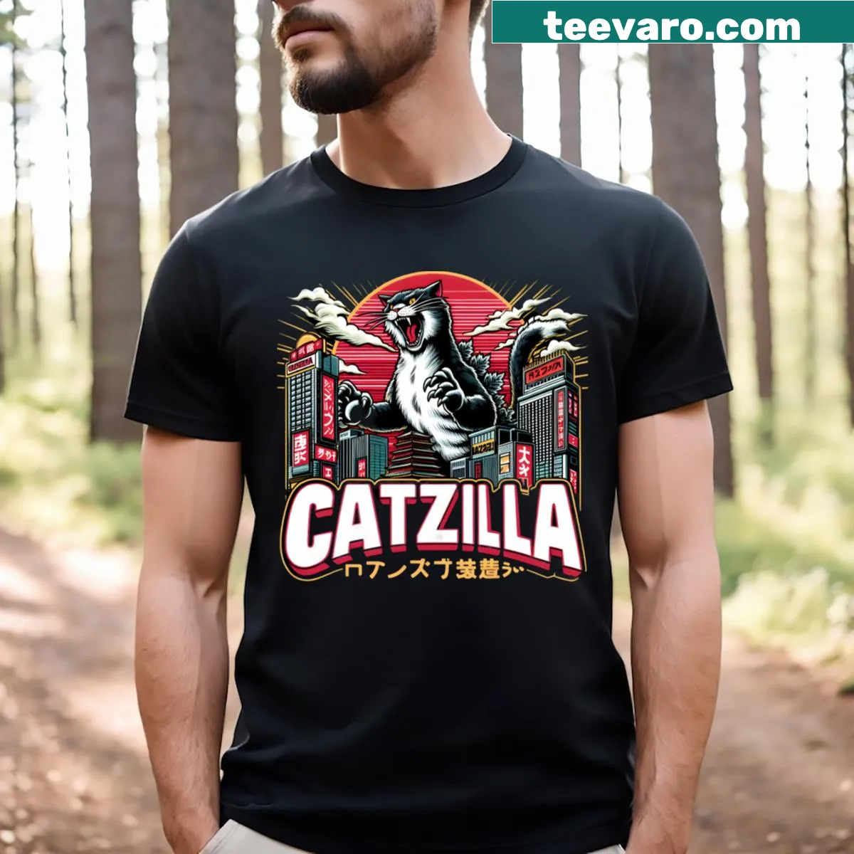 T-shirt with a whimsical design of Catzilla, a giant cat monster — on a men's t-shirt