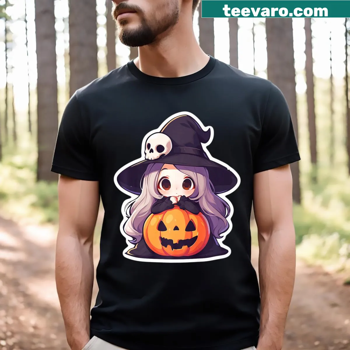 Chibi witch skeleton design for Halloween manga-themed t-shirt — on a men's t-shirt