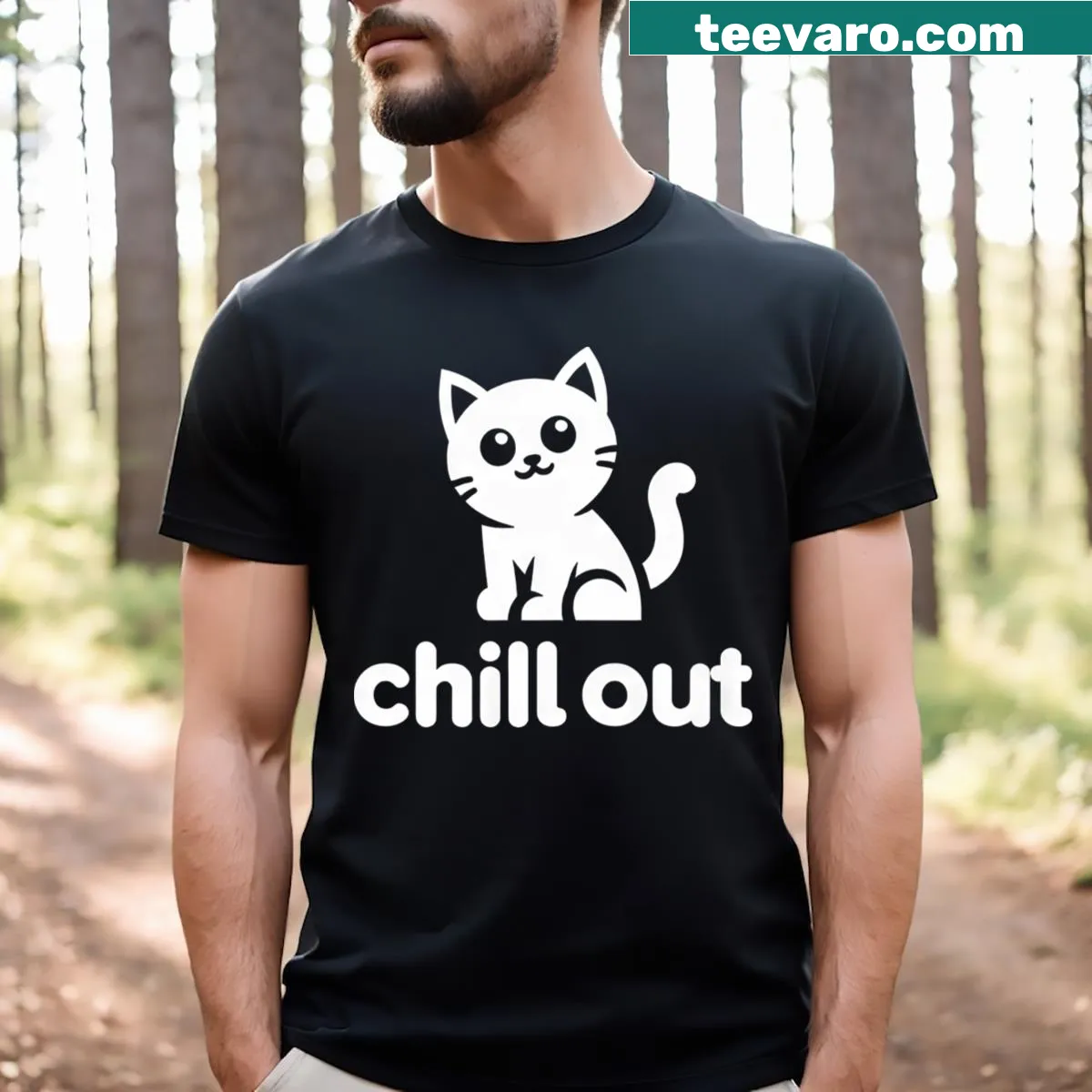 Relaxed cat illustration on a chill-themed t-shirt — on a men's t-shirt