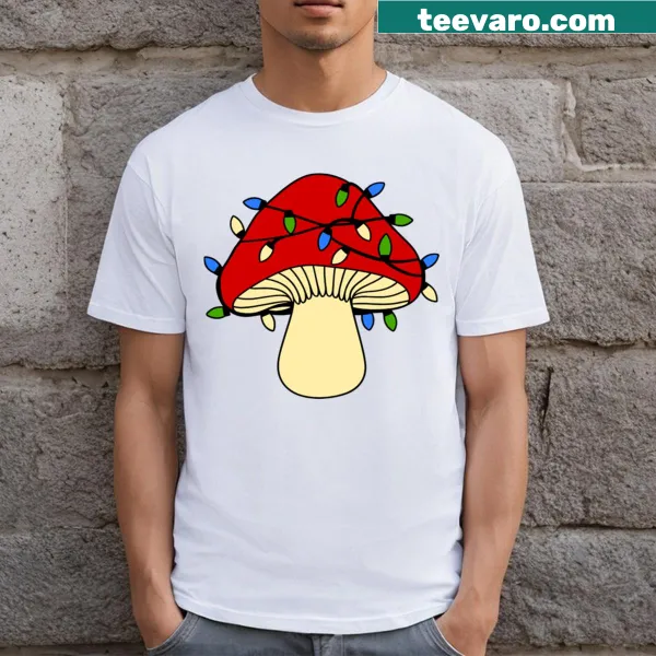 Festive mushroom illustration on a Christmas-themed t-shirt