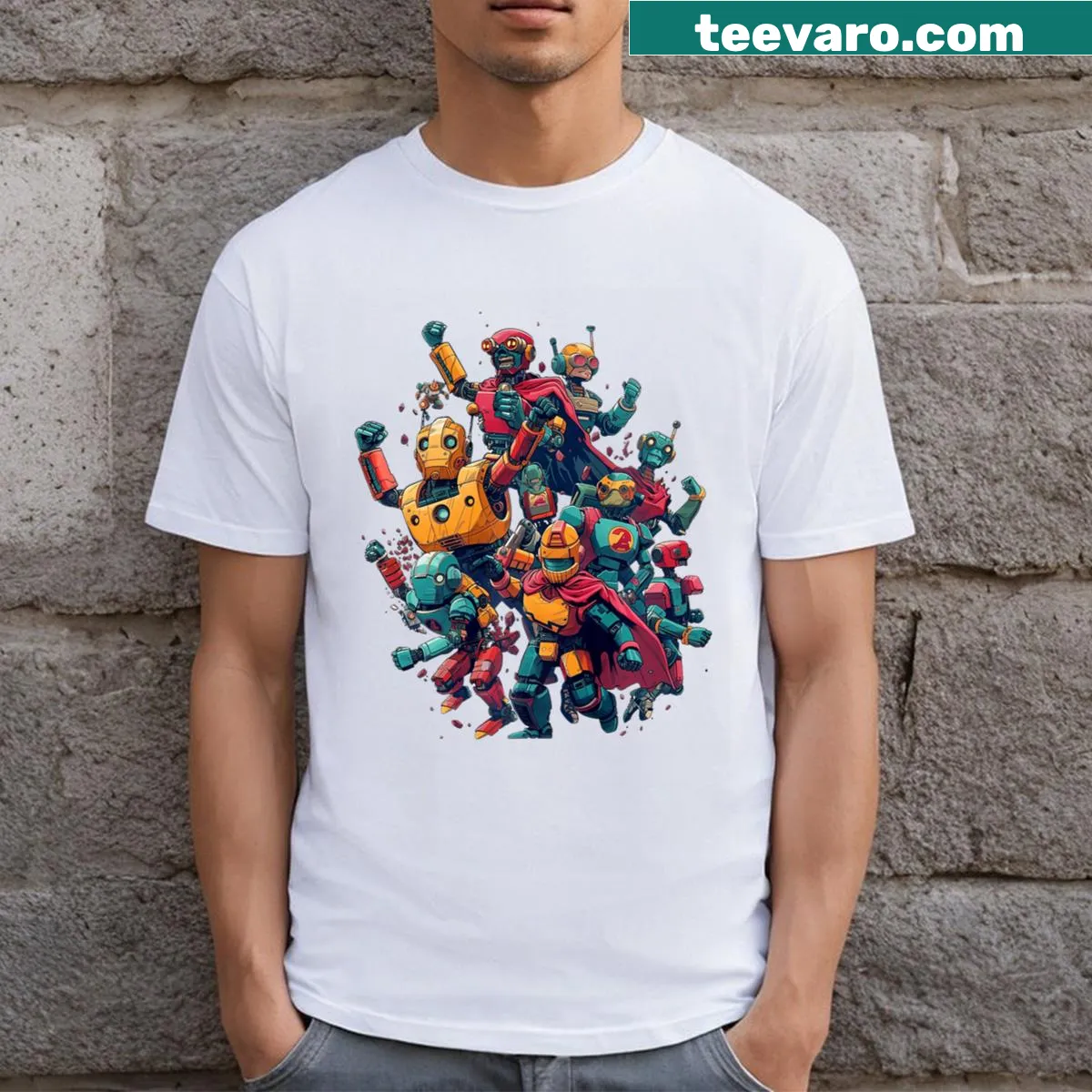 Robot adventure illustration on a sci-fi anime t-shirt — on a men's t-shirt