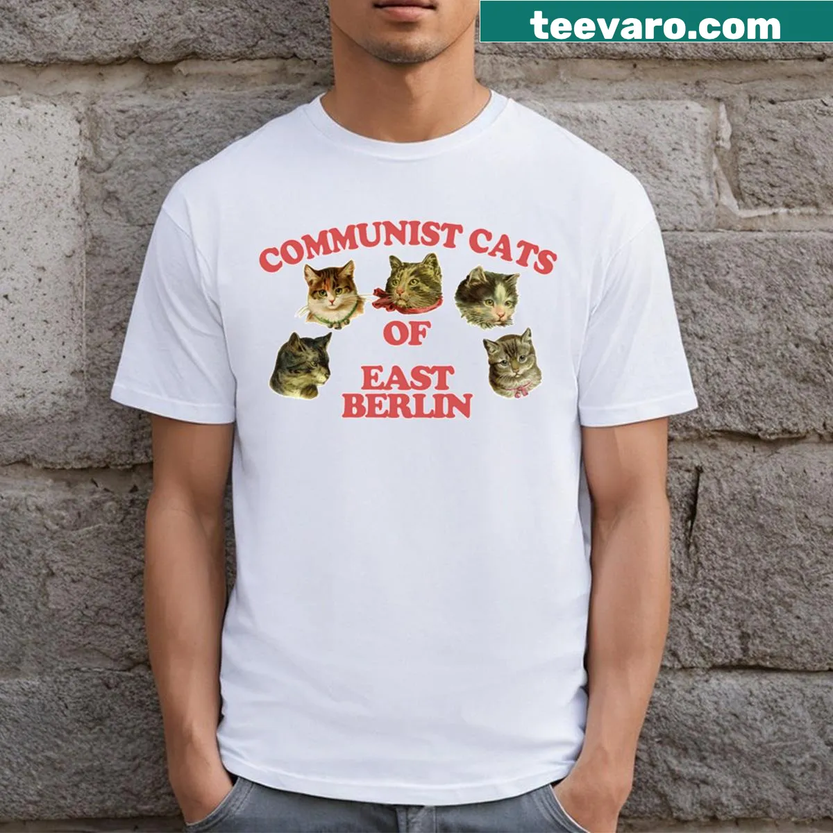 Funny graphic featuring communist cats in retro style — on a men's t-shirt