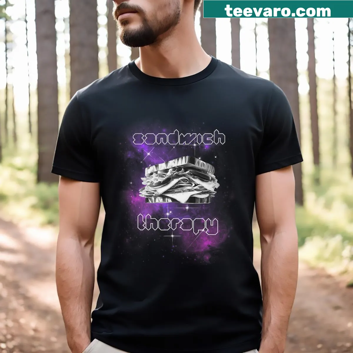 Retro design of a space food sandwich in a galaxy on a t-shirt — on a men's t-shirt