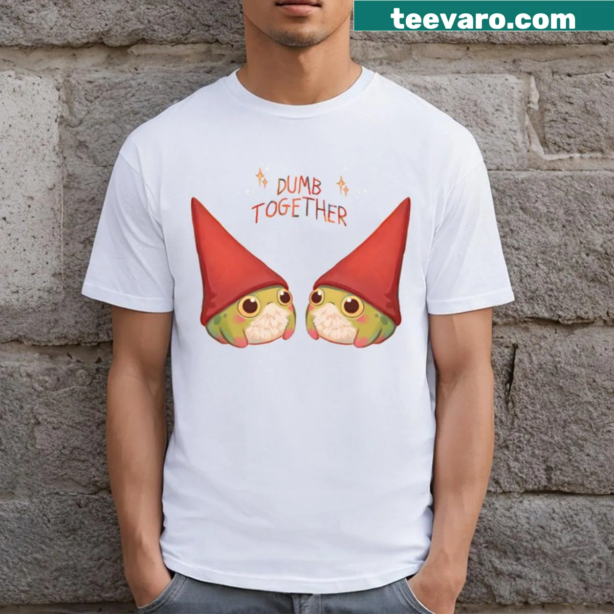 Cute frog illustration t-shirt with 'Dumb Frogs Together' text — on a men's t-shirt