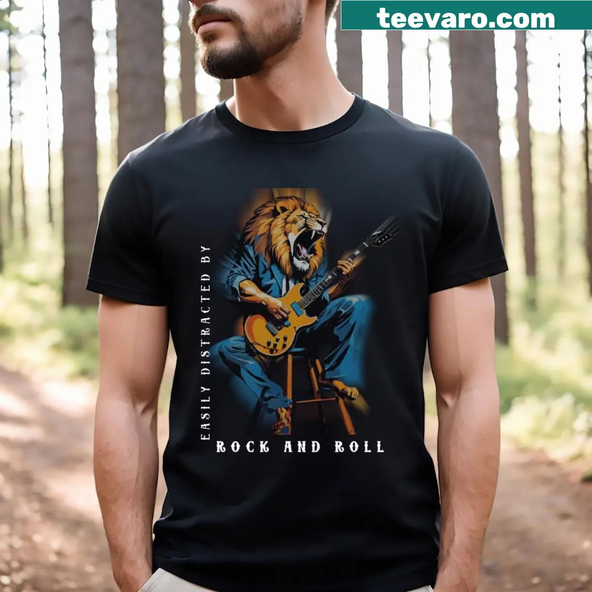 Funny rock music themed t-shirt with 'Easily Distracted By Rock And Roll' text — on a men's t-shirt