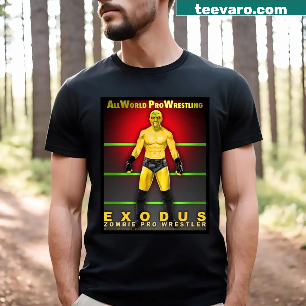Zombie wrestler graphic t-shirt featuring horror and wrestling themes. — on a men's t-shirt