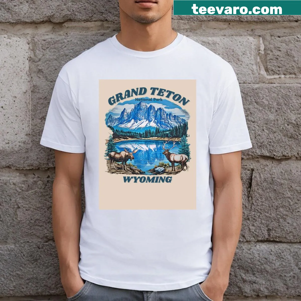 T-shirt featuring Grand Teton National Park illustration — on a men's t-shirt