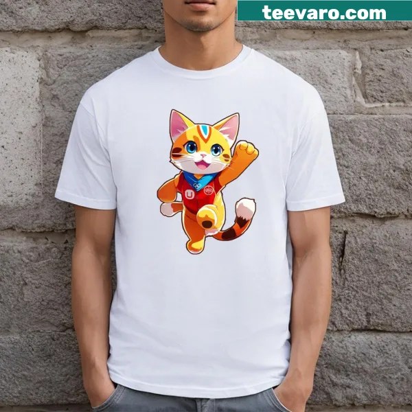 Playful cat champion graphic on an Olympic podium T-shirt