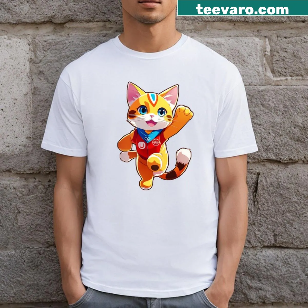 Playful cat champion graphic on an Olympic podium T-shirt — on a men's t-shirt