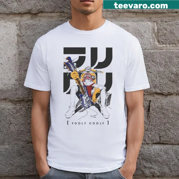 Playful illustration of Flcl Fooly Cooly on T-shirt