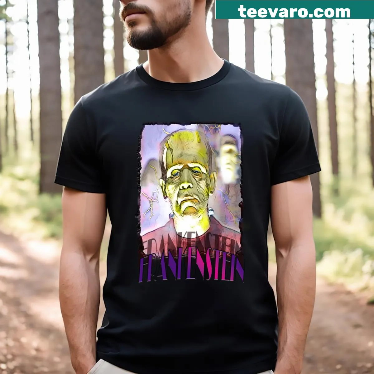 Frankenstein t-shirt with horror-themed illustration — on a men's t-shirt