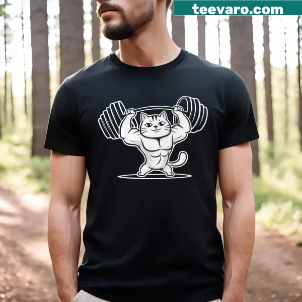 Funny cat weightlifting typography t-shirt